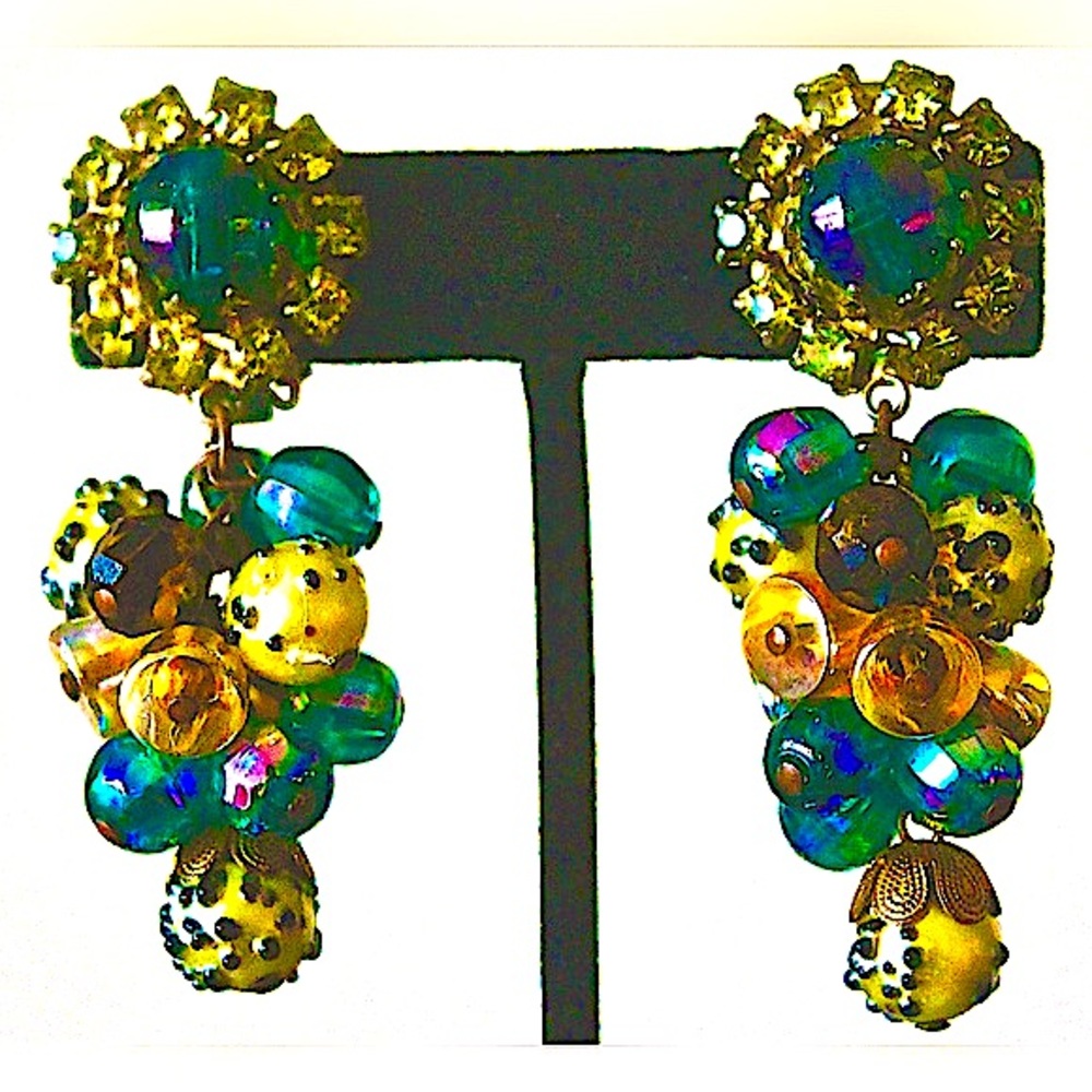 HOBE EARRINGS DANGLE CLIP 2 1/2 INCH VINTAGE GREEN YELLOW BROWN CRYSTALS